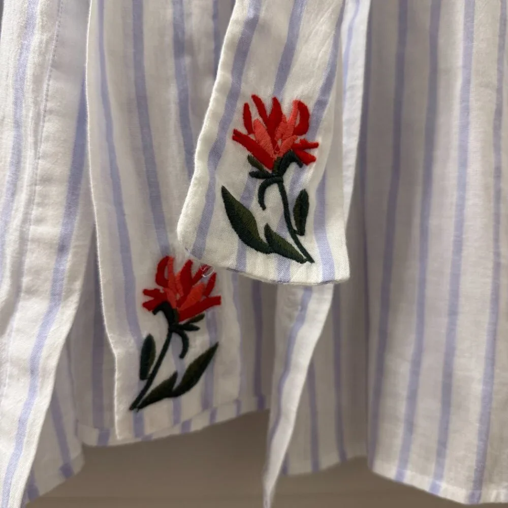 Anthropologie HD in Paris S Blue White Stripe Shirt Embroidered Floral - Picture 2 of 6